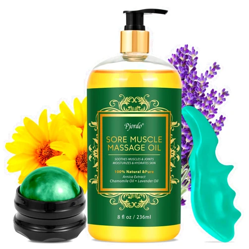 Pjordo Arnica Sore Muscle Massage Oil for Massage Therapy, with Massage Roller Ball & Thumb Saver Massager, Body Massage Oil with Arnica Oil, Lavender Oil & Chamomile Oil for Muscle Relaxing (8 Fl Oz)