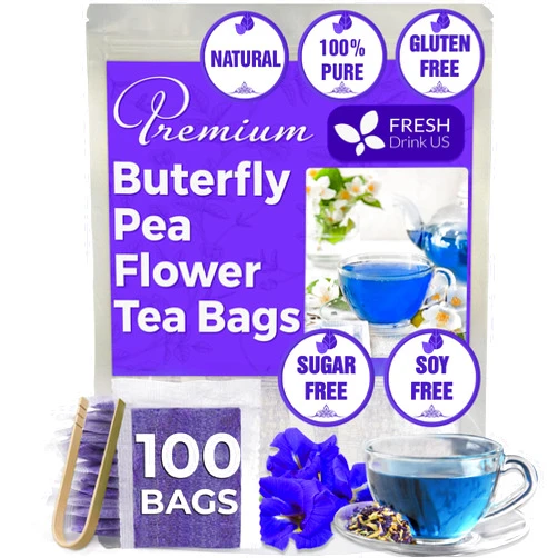 FreshDrinkUS, Premium 100 Blue Butterfly Pea Flowers Tea Bags, 100% Natural and Pure from Butterfly Pea Flowers, Made With Natural Material Tea Bag, No Sugar, No Caffeine, No Gluten, Vegan