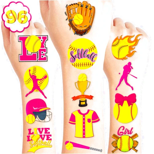 MeoIsDaBest 102 PCS Softball Temporary Tattoos Themed Birthday Party Decorations Favors Supplies Decor Girls Cute Baseball Sports Yellow Tattoo Stickers Gifts For Boys Girls Classroom School Prizes Carnival