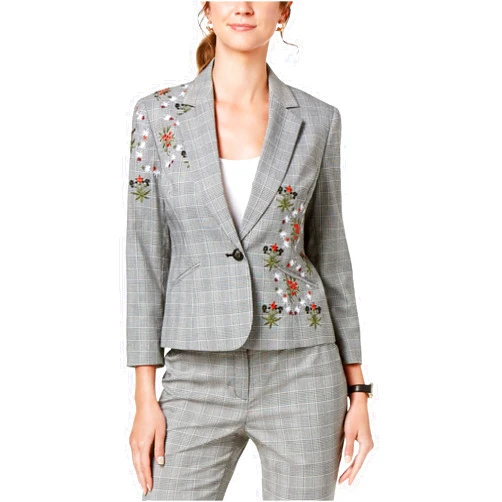 Nine West Womens Embroidered Plaid One Button Blazer
