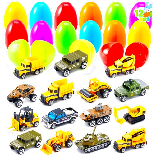 JOYIN 12 Pcs Prefilled Easter Eggs with Die-cast Vehicles, Basket Stuffers for Kids, City Cars and Trucks Toy for Easter Egg Hunt, Party Favors for Boys, Goodie Bag Fillers, Class Prize Supplies Gifts