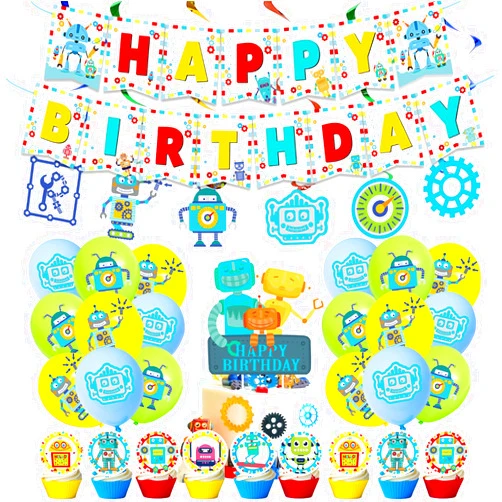 ADILAIDUN 50Pcs Robot Party Supplies Set-Including Happy Birthday Banner,Cake Topper and Cupcake Toppers,Spiral Ornaments,Latex balloons for kid s Boys Robot Theme Party Decoration