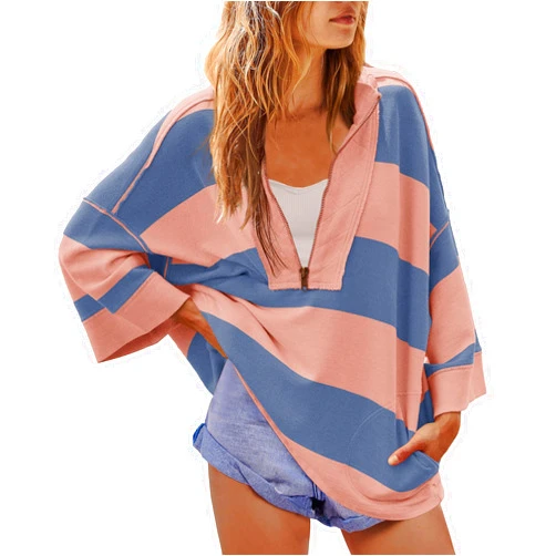Yanekop Womens Oversized Striped Shirt Half Zip Sweatshirt Color Block V Neck Top Casual Loose Pullover Y2k