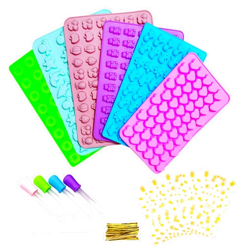 KRLIFCSL Gummy Molds 6 Pcs Set 299 Candies, 16 Shapes with 4 Droppers, 1 Clean Brush & 50 Package Bags, Including Dinosaur, Hearts, Sea Animals Nonstick Chocolate Molds (Mini Multicolor)