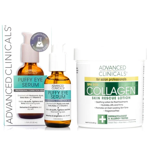 Advanced Clinicals Collagen Cream + Puffy Eye Face Serum 2pc Set | Firming Collagen Body Lotion & Brightening Under Eye Serum | Fragrance Free | Skin Tightening Cream | Skin Care Products, 2pc Bundle