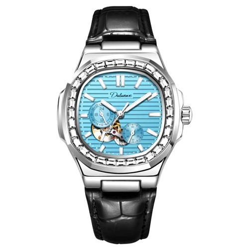 Minskolei Shield Dulunwe Men‘s Watches Mechanical Automatic Winding Elegant Luxury Leather Wristwatch with Square Analog Chronograph Dial Waterproof and Luminous Design Automatic Wtches for Men