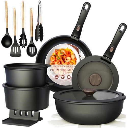 Astercook Non Stick RV Pots and Pans Ceramic Kitchen Cookware Set with Detachable/Removable Handle, Oven Safe, Induction Ready, Stackable, Black, 21 pcs