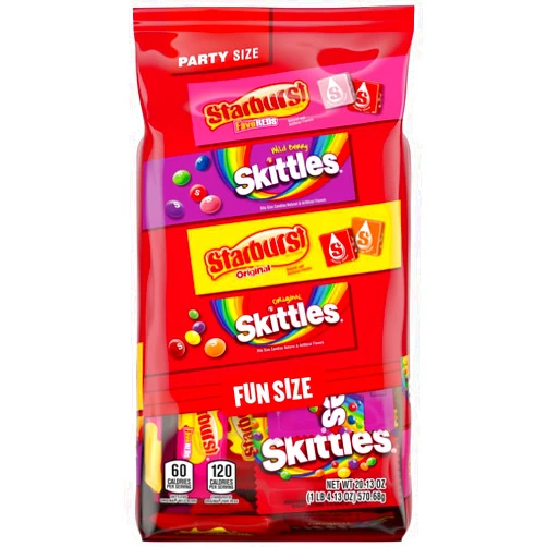 Wrigley's SKITTLES Original, SKITTLES Wild Berry & STARBURST Original and STARBURST FaveReds Fun Size Chewy Candy Variety Bag, Party Size, 20.13 Oz Bulk Bag