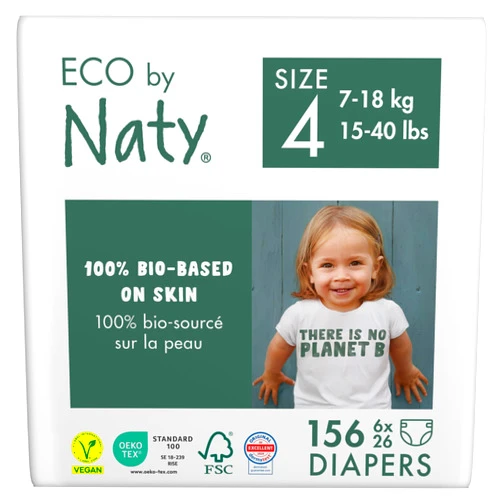 Eco by Naty Eco-Friendly Baby Diapers - 100% Plant-Based Materials on Skin, Soft, for Sensitive Skin & Super Absorbent (Size 4, 156 Count)