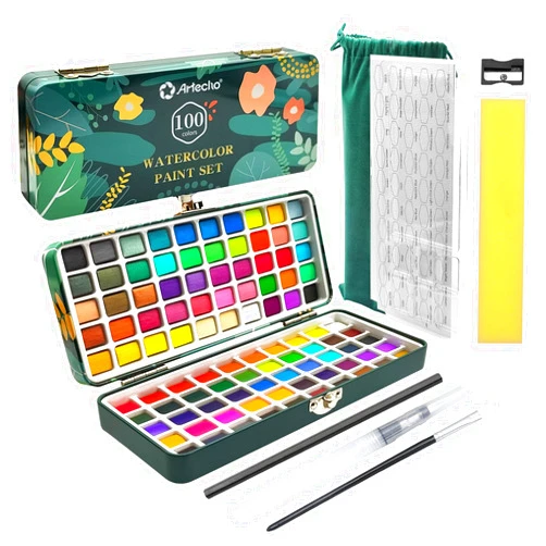 Artecho Watercolor Paint Set 100 Colors in Portable Box, Travel Watercolor Set with Watercolor Papers and Brushes, Water Color Kit for Beginners & Professionals