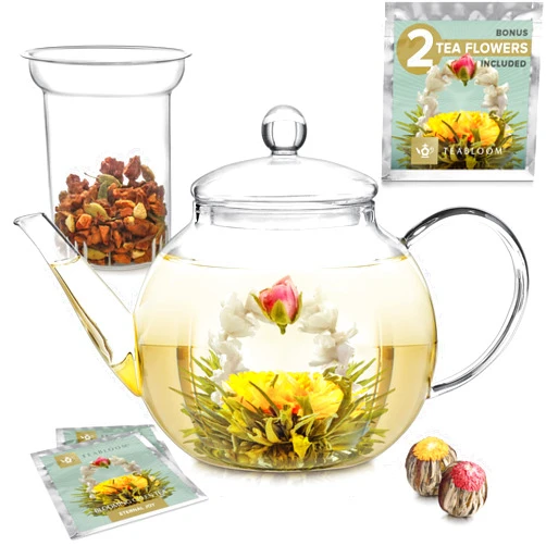 Teabloom Stovetop & Microwave Safe Glass Teapot with Removable Loose Tea Glass Infuser – Includes 2 Blooming Teas – 2-in-1 Tea Kettle and Tea Maker – Tea Purist's Choice