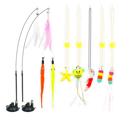Atosun Cat Toys, Interactive Cat Feather Toy for Indoor Cats, 2PCS Suction Cup with Feather Replacement for Kitty, 6PCS Hanging String Cat Toys for Kitty Cats Play Chase Exercise.