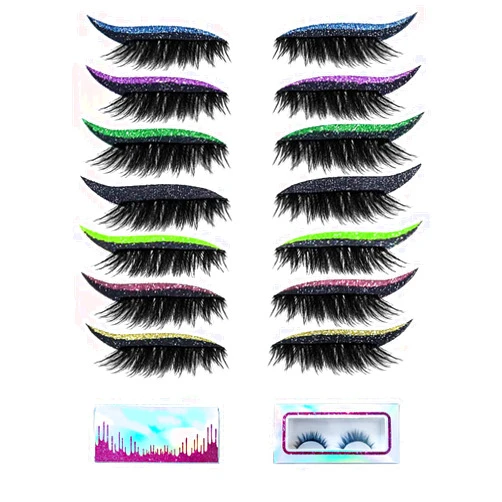 NTSDD False Eyelashes,7Pairs Reusable Eyeliner and Eyelash Stickers,Glitter Eyeliner Stick False Eyelash Eye Makeup Stickers,Easy to Wear and Remove,Women Make Up Glitter Lashes Eyeliner stickers