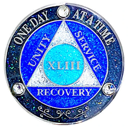 Simply Minimal (Years 1-50) AA 43 Year Recovery Coin, Alcoholics Anonymous Medallion, Metal Coin, Silver Color Plated, Glitter and Crystals Metal Coin