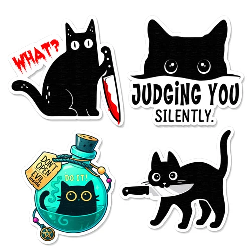 630PM (4 PCs) Black Cat Stickers - Cats Stickers for Water Bottles, Cars, Kindle, Mugs, Phones - Peeking Curious Cat with Words Judging You Silently Car Decal