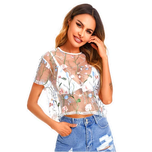 SweatyRocks Women Sheer Mesh Crop Tops Floral Embroided Short Sleeve See Throught T Shirt Blouse