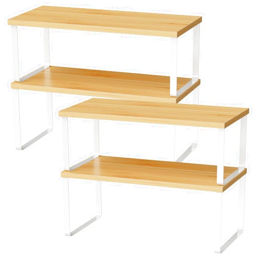 OGEMXU Cabinet Shelf Organizers, 15.7 inches Large Kitchen Counter Shelf, Set of 4 Wood Kitchen Pantry Organizer, Storage Shelves for Countertop, Spice Rack, Stackable, Expandable, Metal White, Nature
