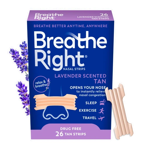 Breathe Right Nasal Strips Lavender Scent, Extra Strength Tan Nose Strips for Nasal Congestion Relief Caused by Colds & Allergies, Better Breathing, Less Snoring, Drug-Free, 26 Ct (Packaging May Vary)