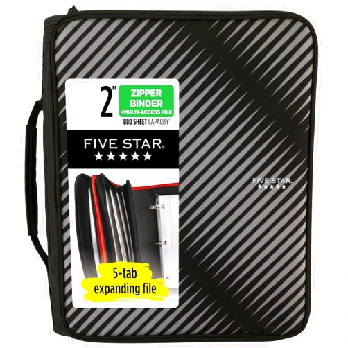 Five Star Zipper Binder, 2 Inch 3-Ring Binder for School, 6 Pocket Expanding File, 380 Sheet Capacity, Black (72536)