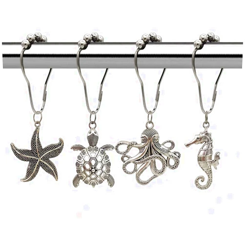 Kinwot Ocean Shower Curtain Hooks Rings - Rust Proof Shower Curtain Hangers Set of 12, Silver Starfish Seahorse Turtle Octopus Sea Animals Decorative Bathroom Accessories Set, Beach Ocean Theme Decor