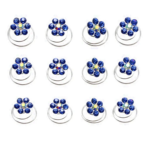 Newstarfactory Rhinestone Studded Collection Flower Spiral Hair Pin Pack of 12 (Dark Blue)