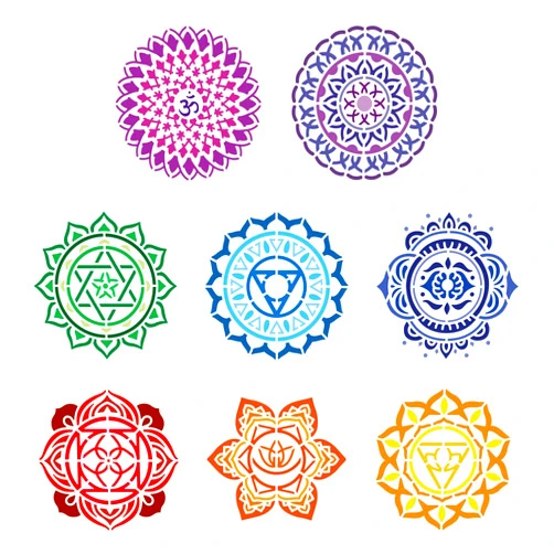 FINGERINSPIRE 8PCS Chakra Symbol Stencil 5.9x5.9 inch Plastic PET Mandala Flower Stencil Reusable Yoga Meditation Floral Craft Stencil Template for DIY Scrapbook, Tiles, Fabric, Photo Album