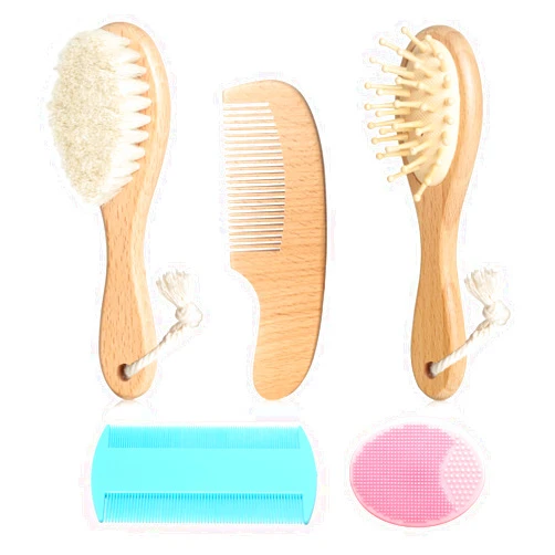 POPYJAN Goat Baby Hair Brush Set, Wooden Comb Massage Scalp Comb, Safe Natural Hair Care Kit, Soft Silicone Bath Brush for Newborns Toddlers (Brush Set+ Pink Massager)