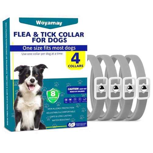 Woyamay 4 Pack Flea Collar for Dogs, Natural Flea and Tick Collar for Dogs, 8 Months Flea and Tick Prevention for Dogs, Tick Collar for Dogs, Water Resistant Dog Flea Collar, One Size Fits All, Gray