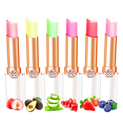 BestLand 6 Pcs/Set Peach Aloe Vera Strawberry Blueberry Avocado Grape Jelly Lipstick Set Temperature Change Moisturizer flower Lip Stick Long Lasting Nutritious Lip Balm Magic Color Change Lip Gloss