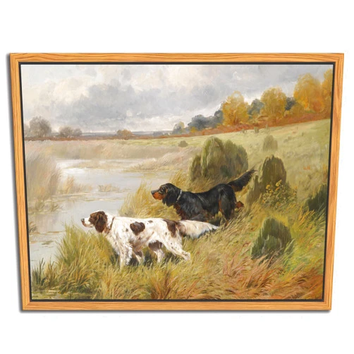 Yaneiro Floating Framed Vintage Hunting Dog Wall Art, Classic Countryside Landscape Canvas Print, English Setter and Gordon Setter Painting, Rustic Farmhouse Wall Decor for Living Room Study Office 12x16 inch