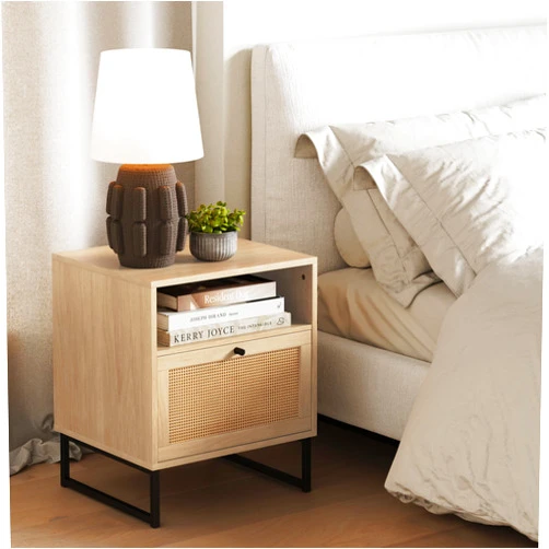 Nathan James Mina Rattan Wood End Side Accent Table Nightstand with Storage for Living Room or Bedroom, 1, Oak/Black
