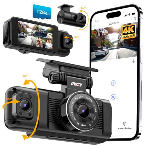 iiwey N7 3 Channel Dash Cam Front and Rear Inside 3K+1080P+1080P with 128GB SD Card, 4K+1080P Dual Dash cam Front and Inside 5GHz WiFi, Rotatable Side Camera for Car, 24/7 Recording, IR Night Vision