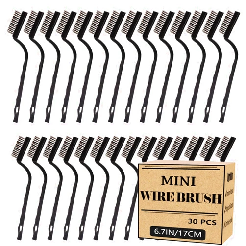Dyrfolm 30 Pieces Mini Wire Brush,Stainless Steel Brush,Curved Handle Masonry Scratch Brush,Metal Wire Brushes for Cleaning,Wire Bristles Brush Set for Cleaning Welding Slag and Rust(Silver)