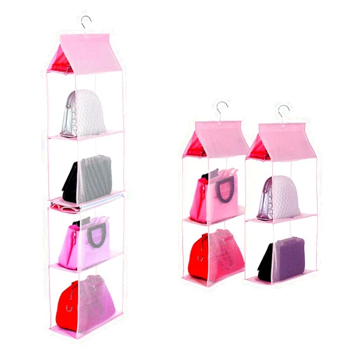 KEEPJOY Closet Purse Organizer, Hanging Handbag Organizer with 4 Heavy-Duty Mesh Shelves Closet Purse Storage Bag (Pink)