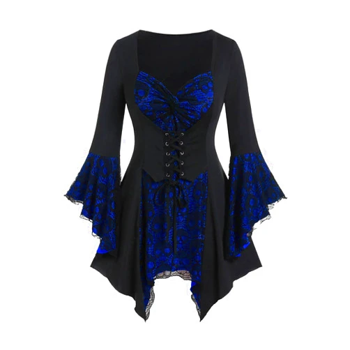 OPHPY Womens Gothic Medieval Tops 3/4 Length Flare Sleeve Corset Shirts Sexy Twist Front Pirate Blouse Renaissance Costume