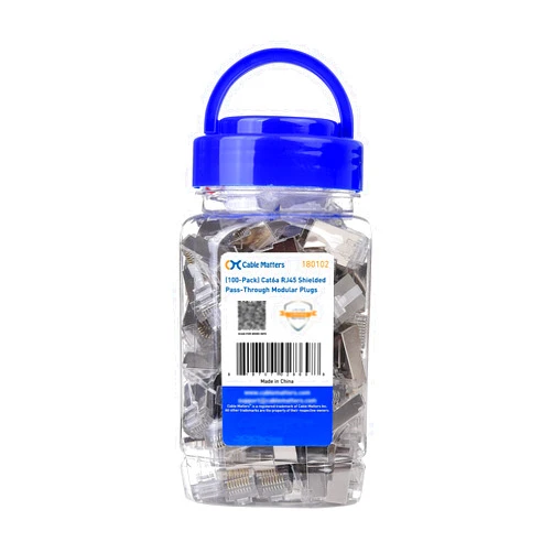 Cable Matters 100-Pack Cat 6A Shielded Pass Through RJ45 Connectors (Cat 6A Ends / Cat6A Connector / RJ45 Modular Plugs/Ethernet Plugs/Network Connector) for Solid or Stranded S/FTP Ethernet Cable