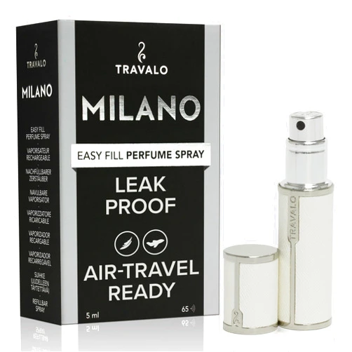 Travalo Milano Perfume Atomizer - Elegant Design for Valentine’s Day - Reusable, Airtight, Easy Fill Mini Pump Sprayer - Vegan Leather with Polished Metal Outer Shell - White