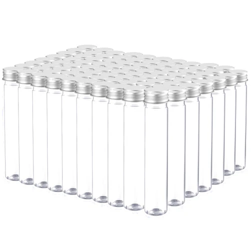 Dandat 80 Pcs 65ml Clear Flat Plastic Test Tubes with Screw Caps, Plastic Tubes Containers Storage Tubes with Caps Test Lab Tubes for Sample Testing, Candy, Spices, Dried Flowers and Party Favors
