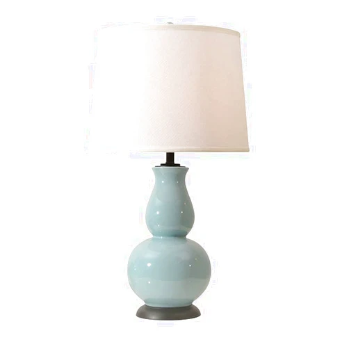 GaRcan American All-Copper Desk Lamp Creative Gourd Shape Chinese Table Light Handmade Blue Ceramic Fabric Drum Shade for Living Room Bedroom House Bedside Lamp