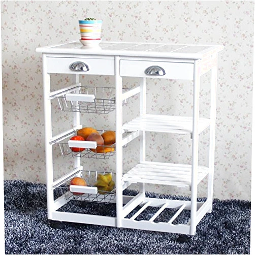 DUNTANG Kitchen Island Storage Trolley Utility Cart Rack w/Storage Drawers Baskets Dining Stand Countertop with Rolling Wheels (White Color)