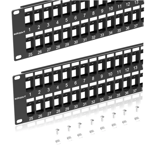 Sokqovt 48 Port Blank Keystone Patch Panel with Snap-in Design (2 Pack), Cat6 Network Patch Panel 2U 19 inch, Rack Mount Ethernet Patch Panel (for Slim Keystone Only)