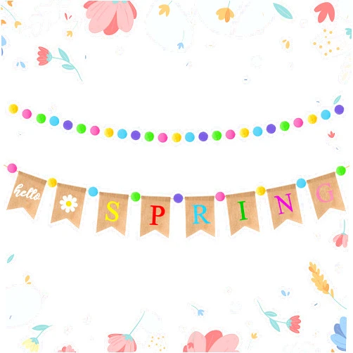 WATINC Hello Spring Burlap Banner Felt Ball Garland Set, Happy Spring Daisy Flower Banner Pom Pom Garland Hanging Decoration, Rustic Themed Party Bunting for Mantle Fireplace Home Wall Decor Supplies