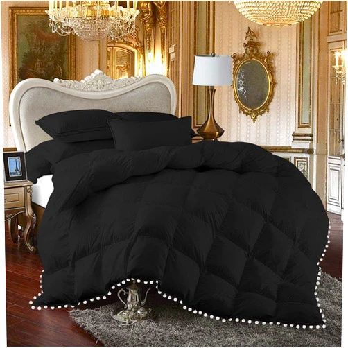TONY'S TEXTILES 5 Piece White Vintage Pom-Pom Fringe, Box Design Comforter Set 1000 Thread Count 100% Egyptian Cotton - (Oversized Super King Size, Black Color)