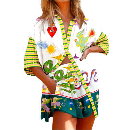 XPONNI 2 Pieces Short Sets Women Floral Fruit Print Pajama Graffiti Vintage Boho Short Sleeve Shirt Beachwear Lounge Set