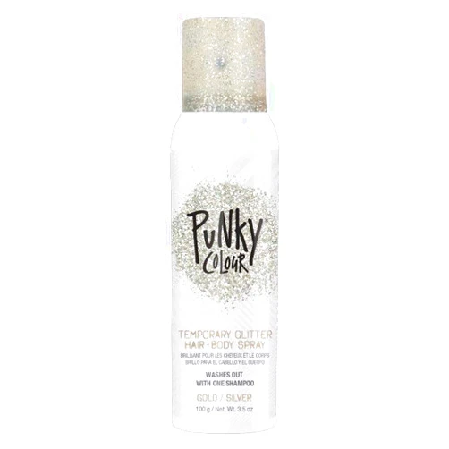 Jerome Russell Punky Temporary Hair and Body Glitter Color Spray, Travel Spray, Lightweight, Adds Sparkly Shimmery Glow, Perfect to use On Hair, Skin, or Clothing, 3.5 oz - GOLD/SILVER
