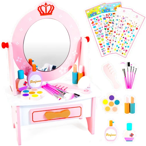 Kizfarm Wooden Vanity Set for Kids, Pretend Play Toddler Makeup Vanity Table Toys with 360° Rotatable Mirror, Beauty Salon Set Includes Makeup Accessories & Bonus Stickers, Little Girls Gift Age 3+