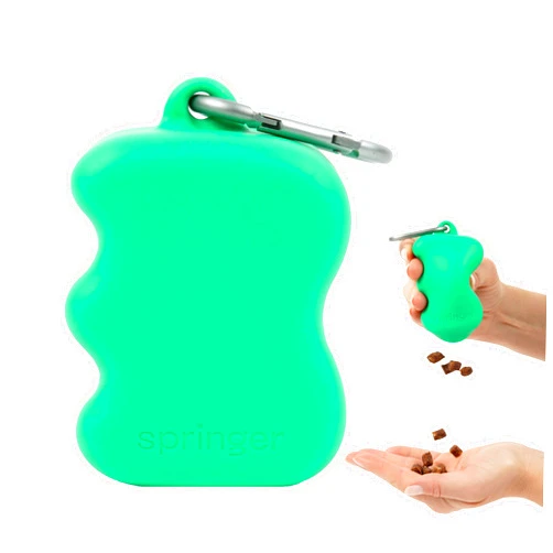 Springer Dog Treat Pouch for Effort-Free Squeeze Dispensing - Easy-fill, Food-Grade Silicone Treat Pouches for Pet Training - Includes Carabiner-Green
