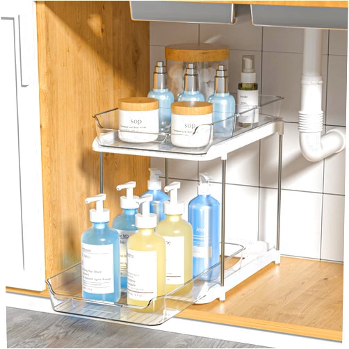 Delamu 2-Tier Multi-Purpose Bathroom Cabinet Organizer, Pull Out Under Sink Organizers and Storage, Stackable Pantry Organization and Storage, Clear Under Cabinet Storage with Movable Dividers
