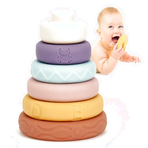 Mini Tudou Stacking & Nesting Circle Toy,6 Pcs Soft Building Rings Stacker & Teethers,Squeeze Play with Early Educational Learning Stacking Tower, Toy for 6+ Months Boys & Girls