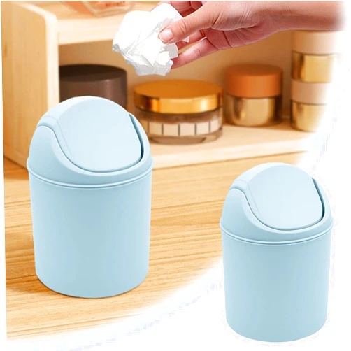 ZeawIEsvbyt Mini Desk Trash Can with Swing Lid, Tiny Countertop Garbage Bin Portable Waste Basket for Desktop Home Office (Blue-B)